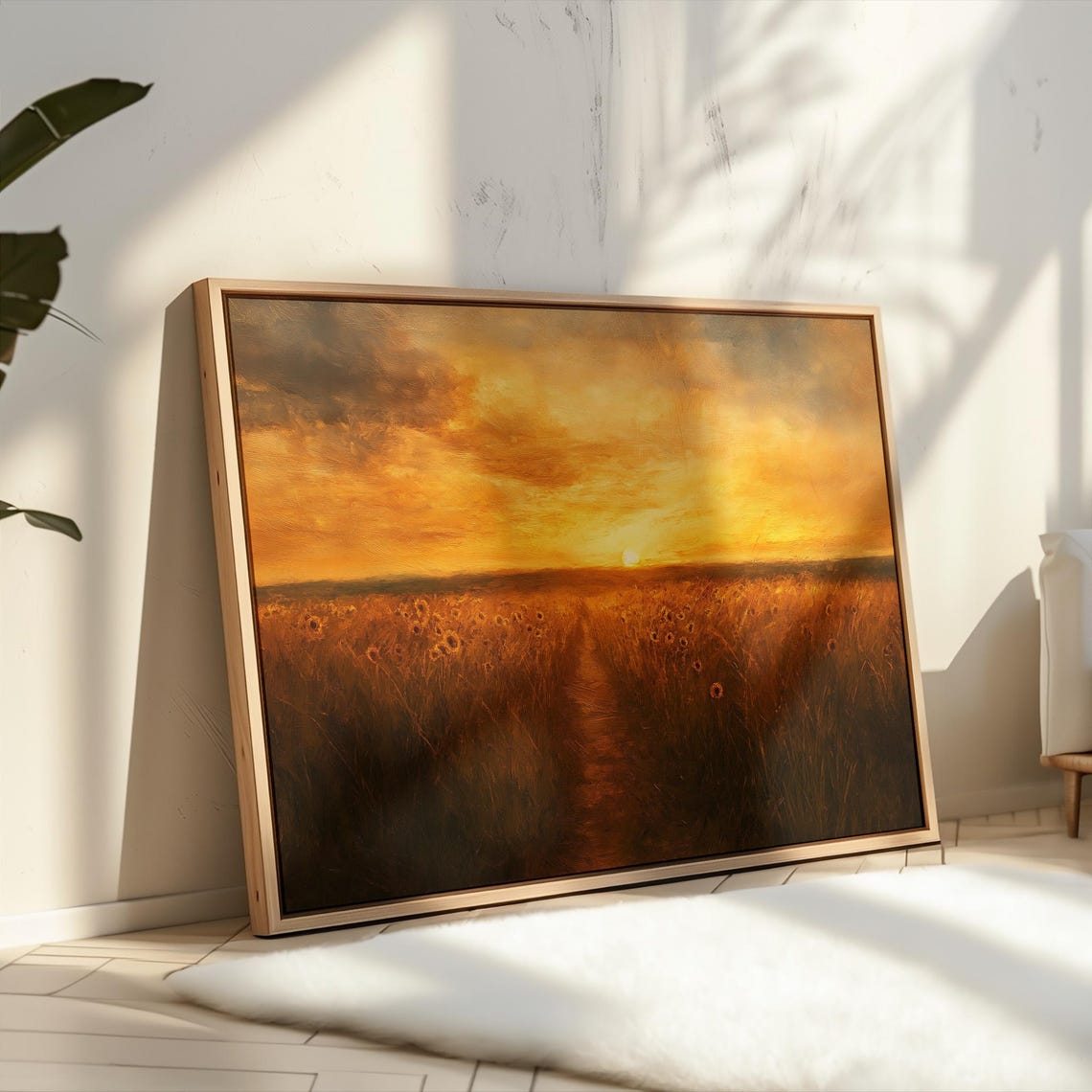 Golden Sunset Glow Over an Endless Sunflower Field Path Poster - Image 3