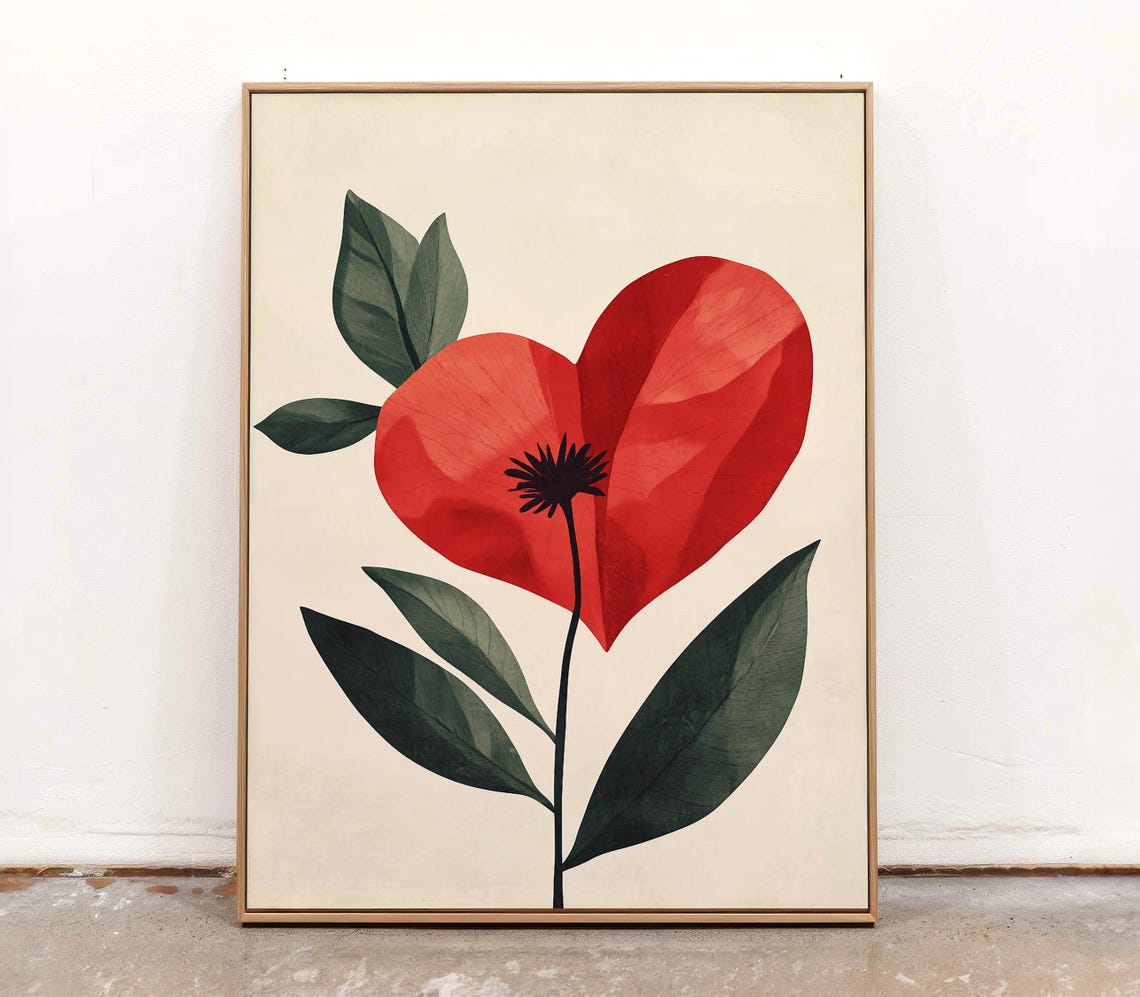 Heart Shaped Red Blooming Flower Minimalist Boho Floral Art Poster