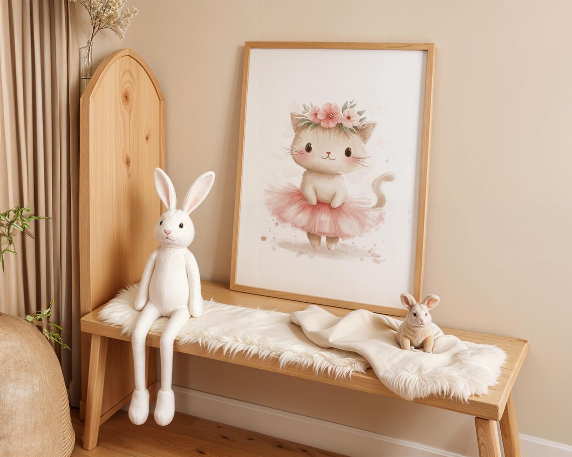 Cheerful Cute Cartoon Cat Ballerina in Pink Tutu Nursery Art Poster - Image 4