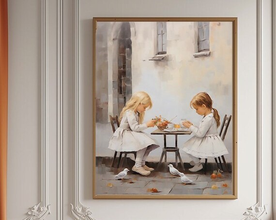 Vintage Girls Teatime With Pigeons Nursery Illustration Wall Art