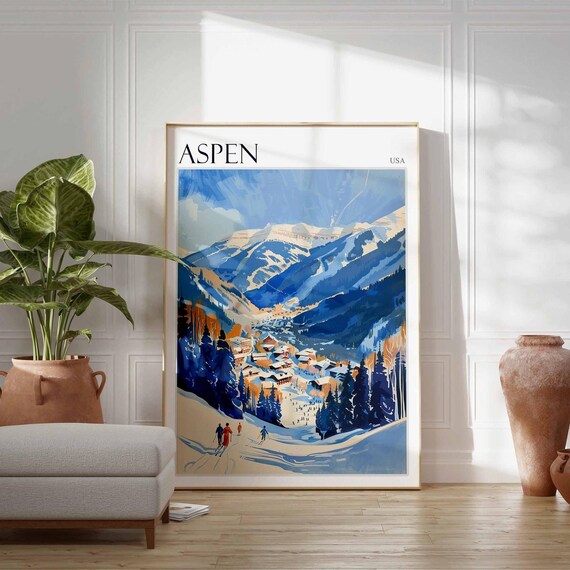 Aspen USA Snowy Mountain Ski Slope Skiers Alpine Resort Travel Poster