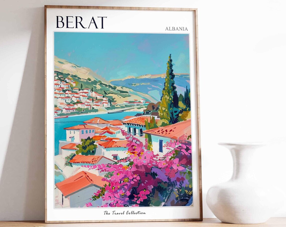 Berat Coastal Hills Pink Blossom Old Town Albania Travel Poster