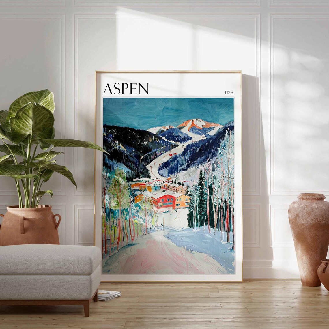 Aspen USA Vintage Ski Slopes Village Painterly Winter Scene Poster