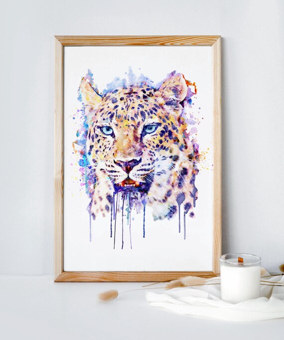 Colorful Leopard Watercolor Splash Big Cat Portrait Wall Print
