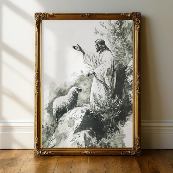 Good Shepherd Jesus With Lost Sheep Black And White Christian Poster