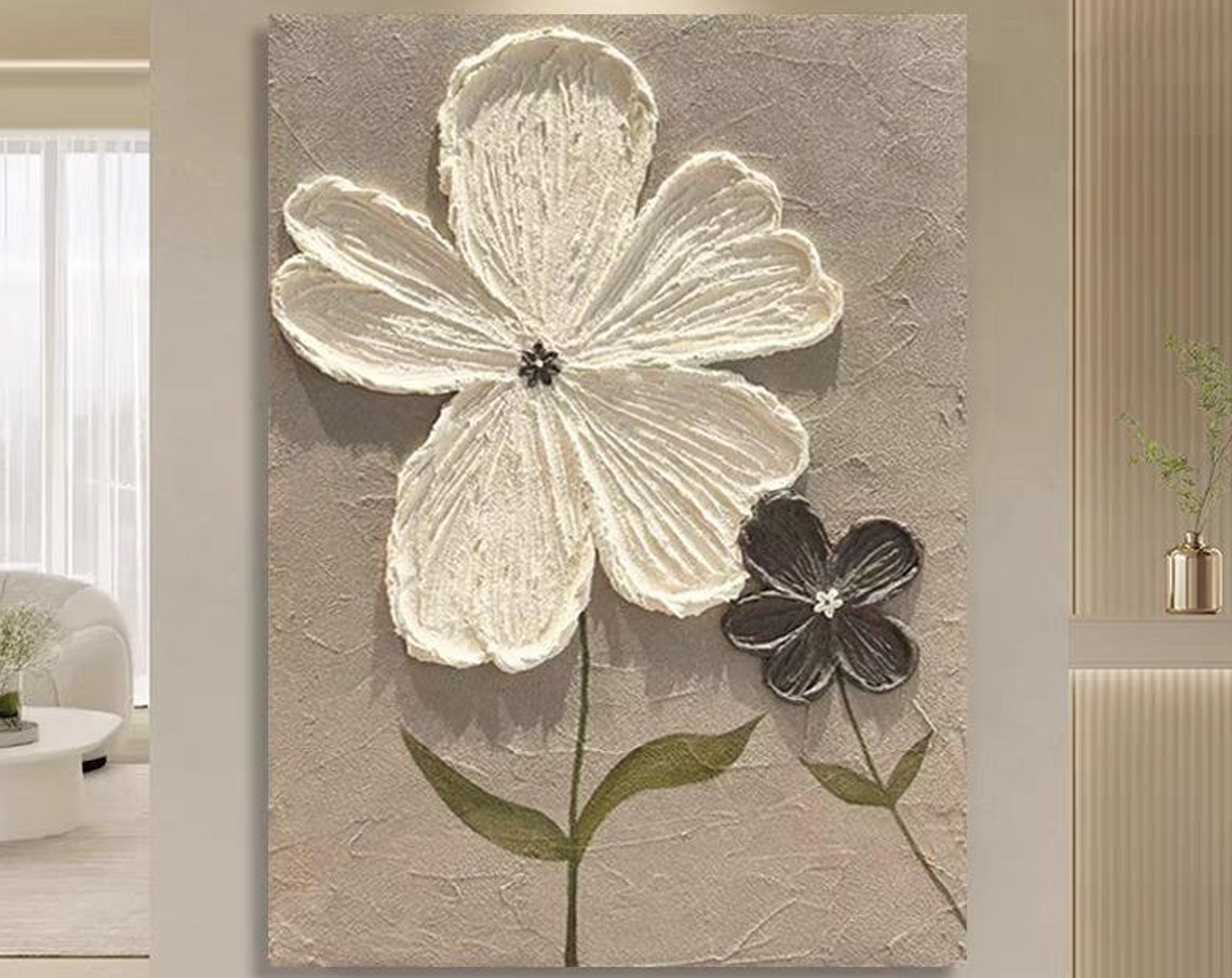 White Black 3D Flowers Textured Botanical Vertical Textured Wall Art