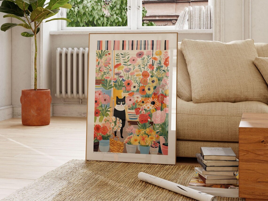 Black and White Tuxedo Cat in a Flower Shop Floral Art Poster - Image 2