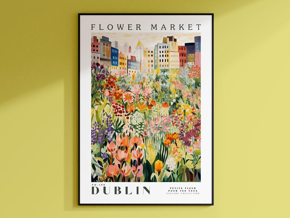 Dublin Flower Market Travel Poster, Botanical Art