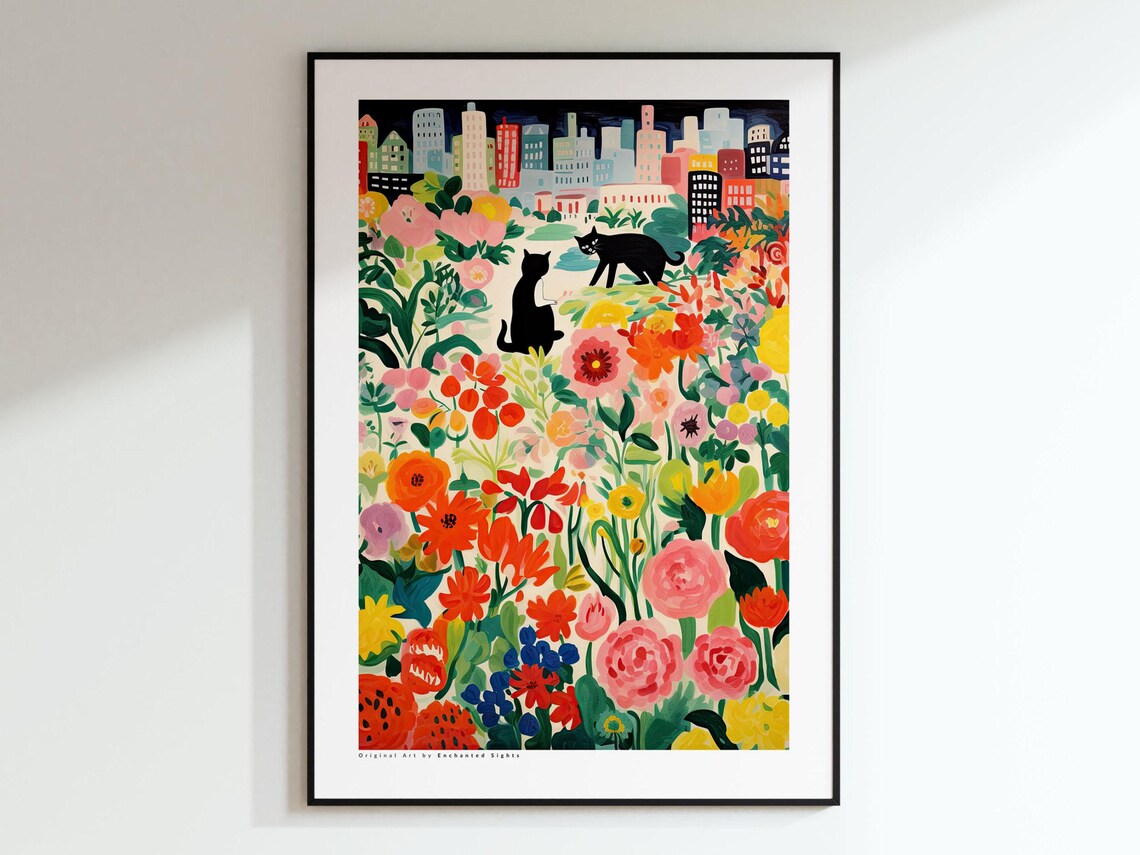 Two Black Cats in Night City Flower Garden Art Beautiful Poster