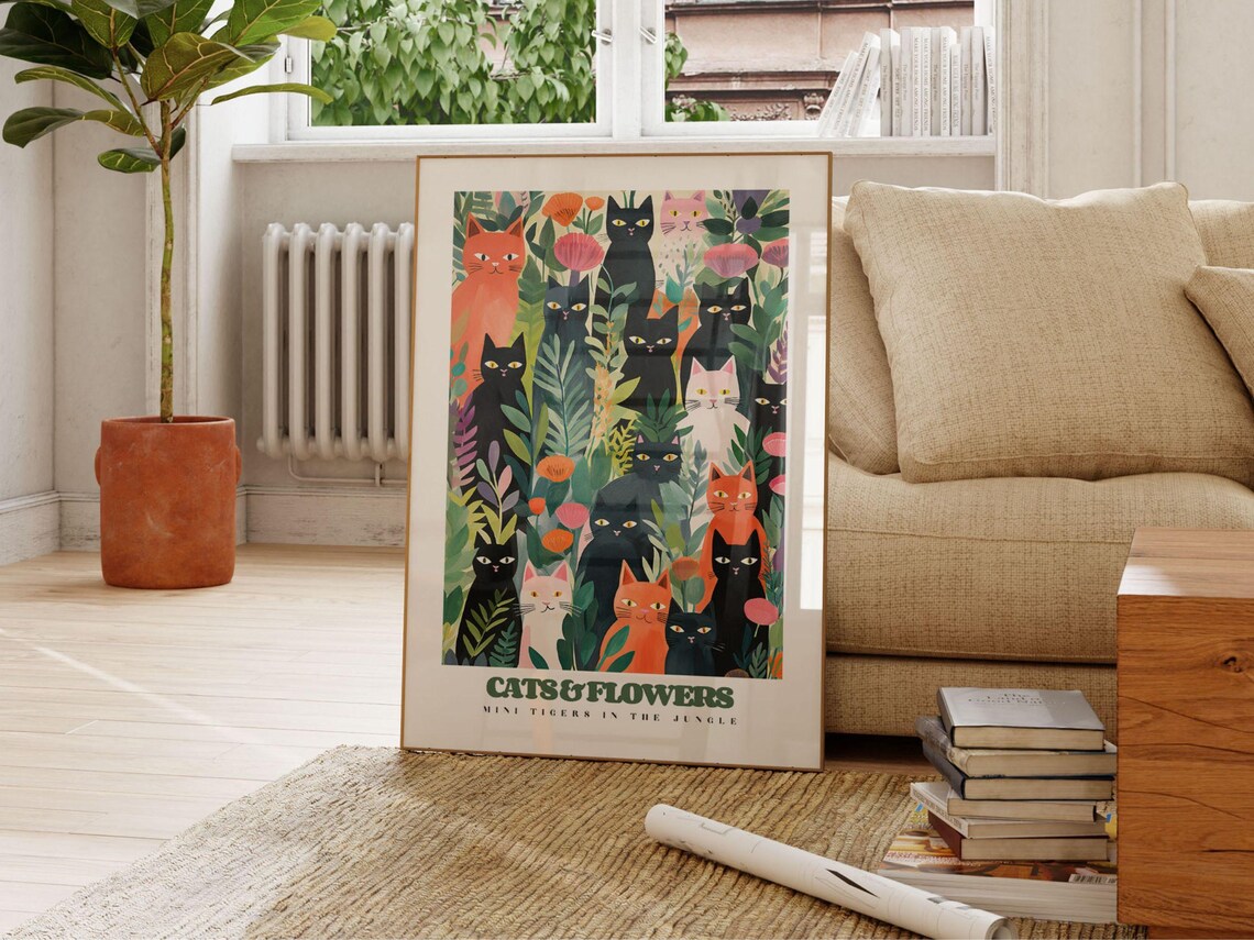 Black And White Cats In Garden, Funny Cat Poster - Image 2