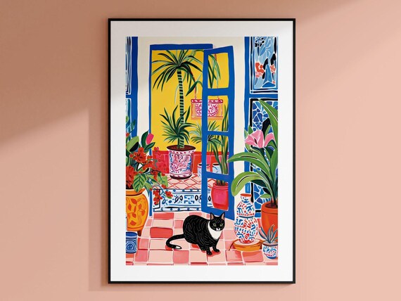 Black Tuxedo Cat on a Sunlit Mediterranean Potted Terrace Wall Art