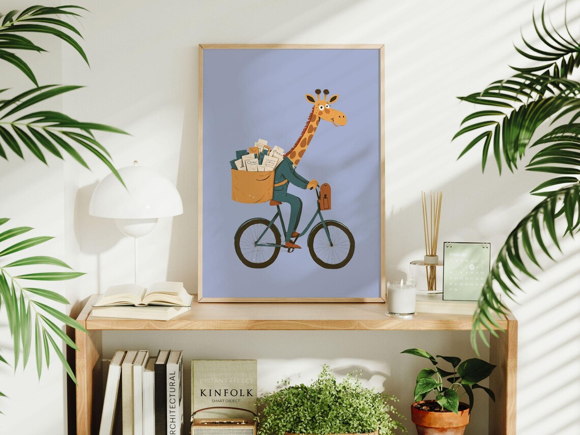 Giraffe Riding Bicycle Mail Carrier Cute Nursery Kids Poster - Image 3