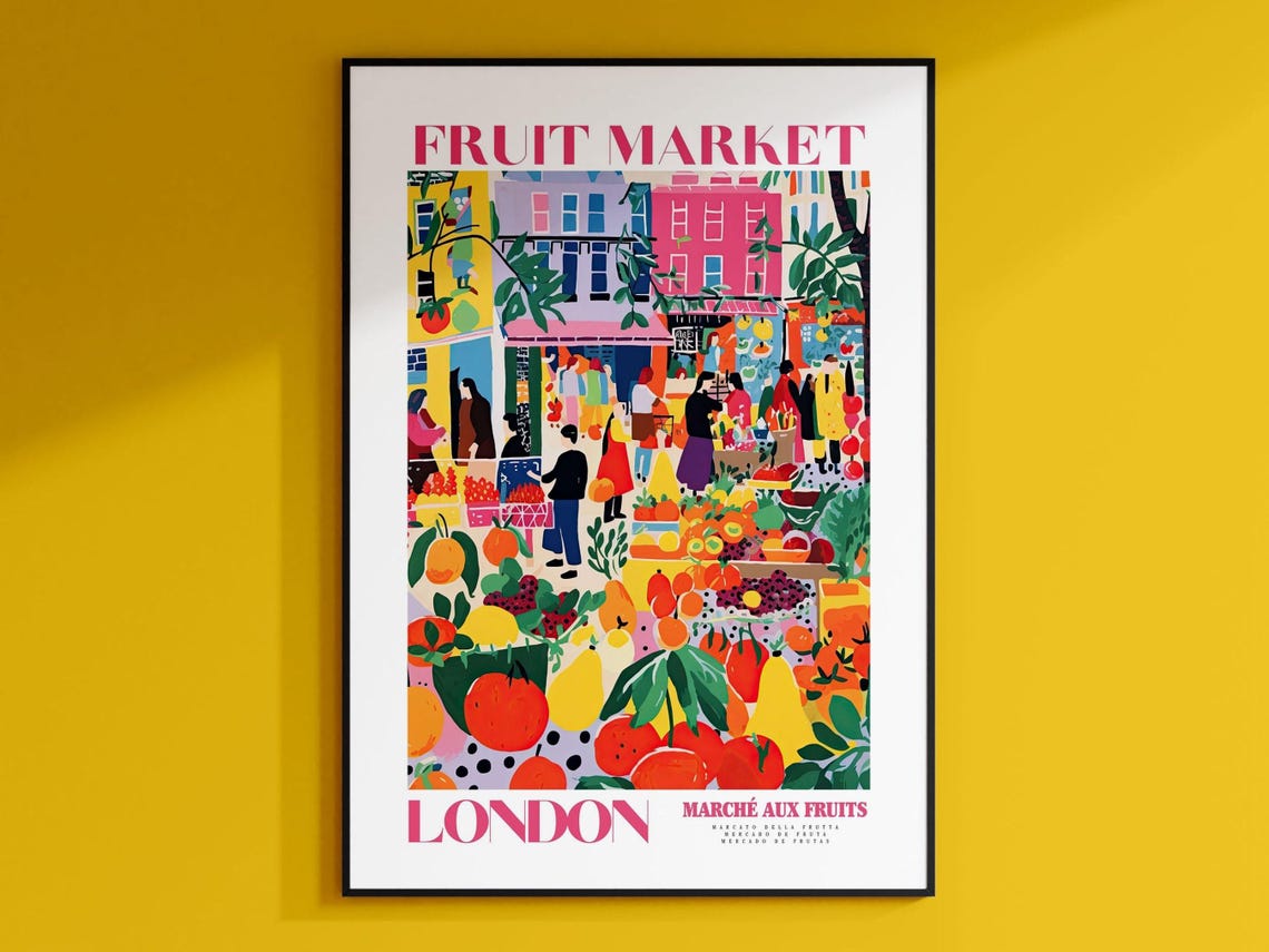 Fruit Market London London Poster London Prints Fruit Market Poster Fruit Market Print Abstract Fruit Art Yellow And Pink London City