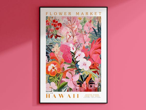Hawaii Flower Market Travel Poster, Botanical Art