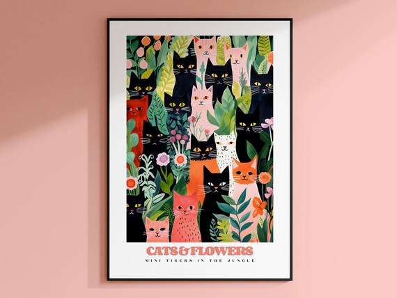Cats And Flowers Mini Tigers In The Jungle Whimsical Cat Poster