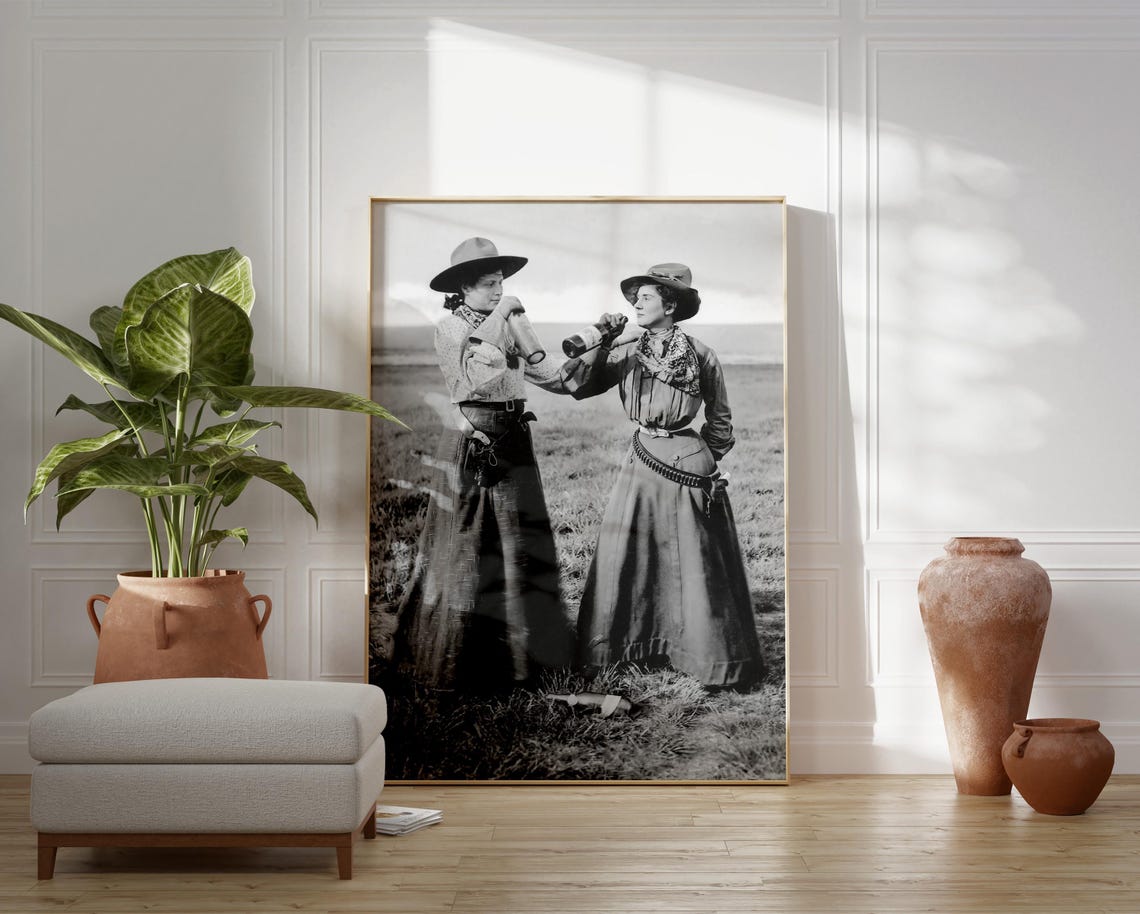 Two Cowgirl Friends In Dresses Drinking Bottles Western Photo Poster - Image 2