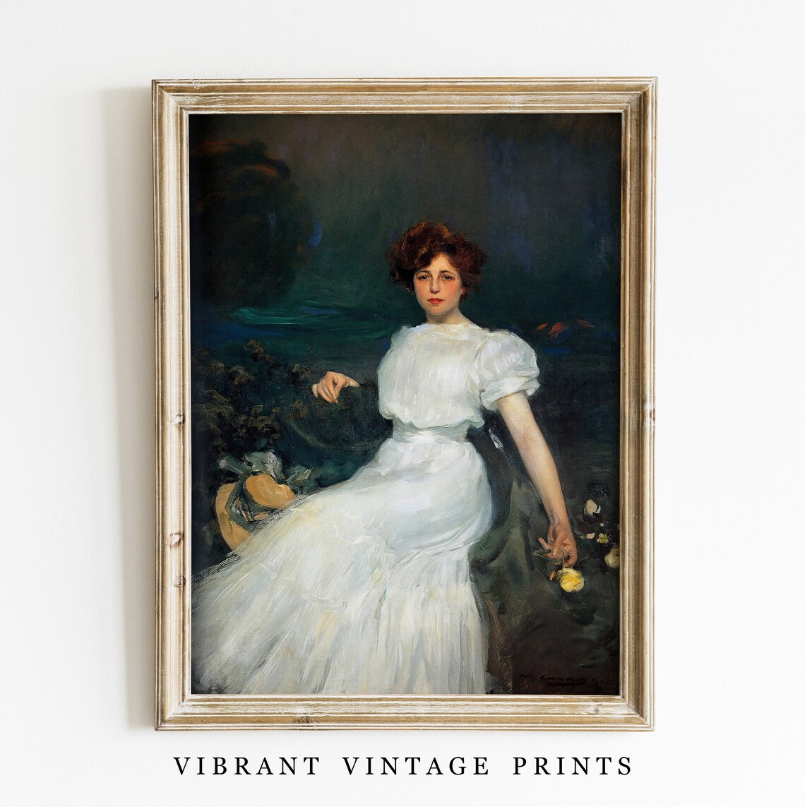 Vintage Woman Portrait in White Dress Art Print
