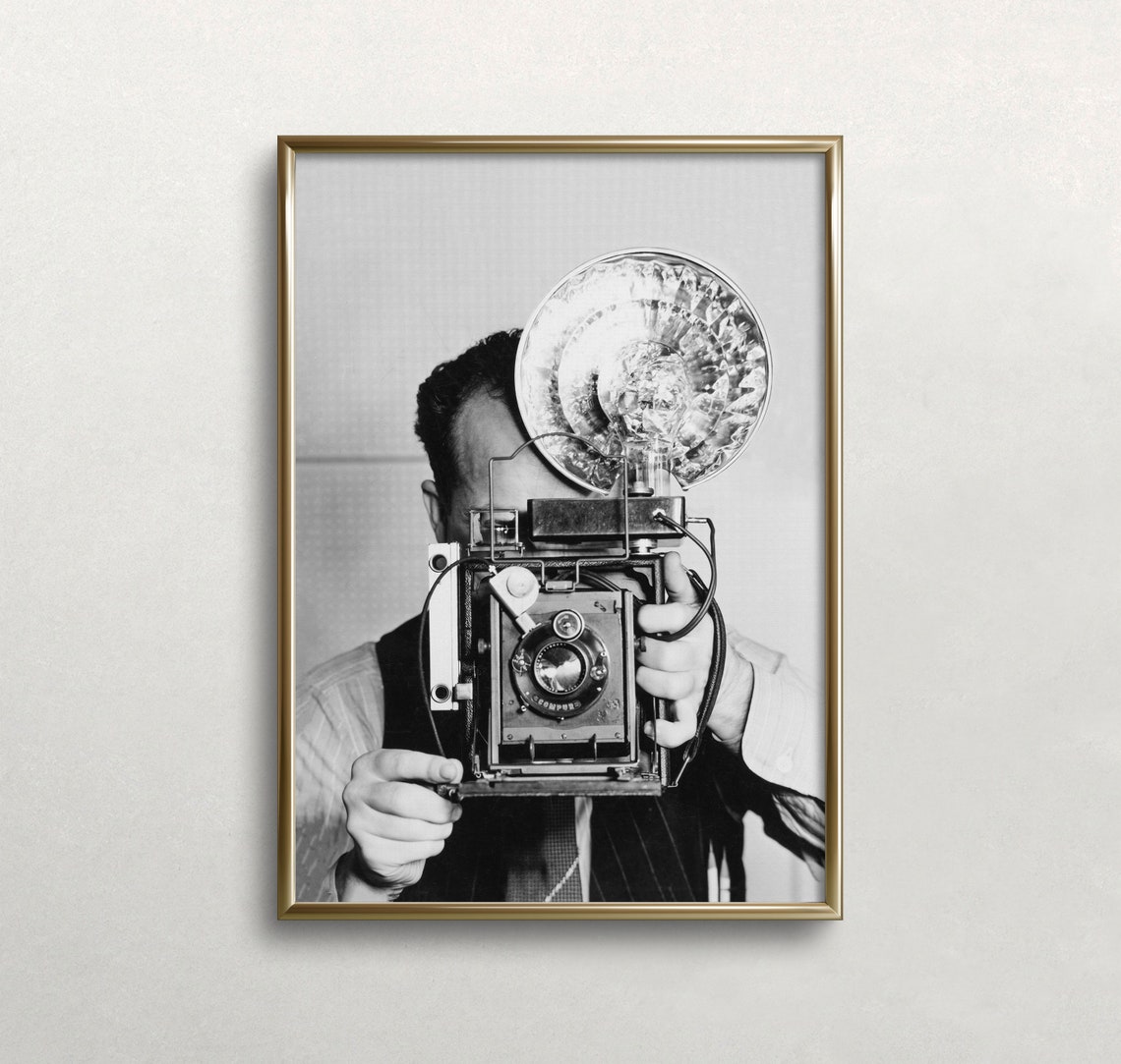 Photographer Holding Vintage Press Camera Black And White Photo Poster