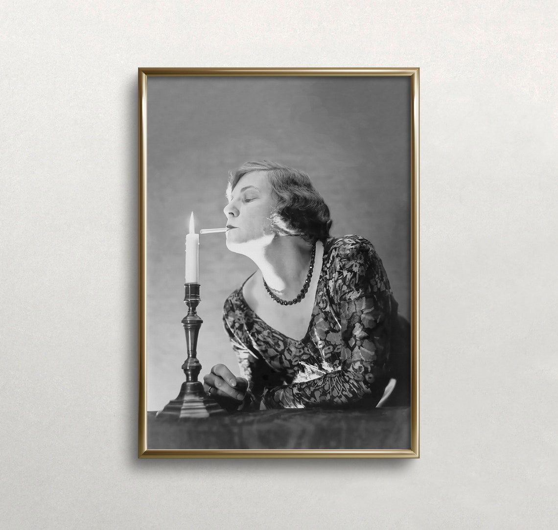 Woman Lighting Cigarette From Candle Black And White Photo Print