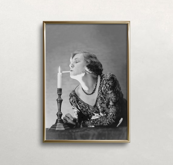 Woman Lighting Cigarette Black And White Art Vintage Wall Art Funny Wall Art Old Photo Candle Art Wall Art