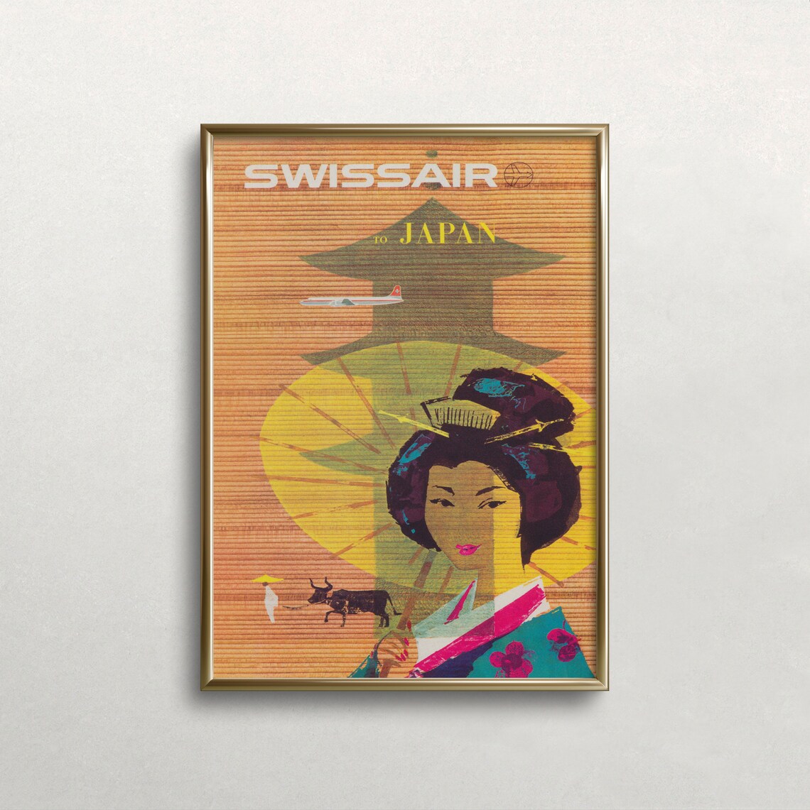 Swissair to Japan Geisha Pagoda Vintage Airline Travel Ad Poster