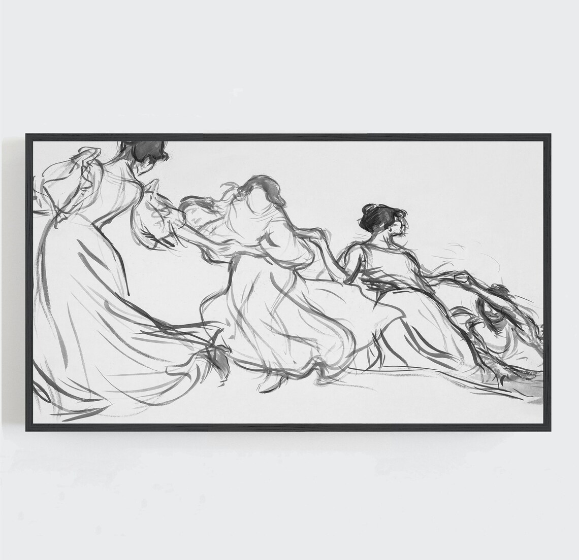 Vintage Sketch of Three Dancing Women Black and White Figurative Print - Image 2