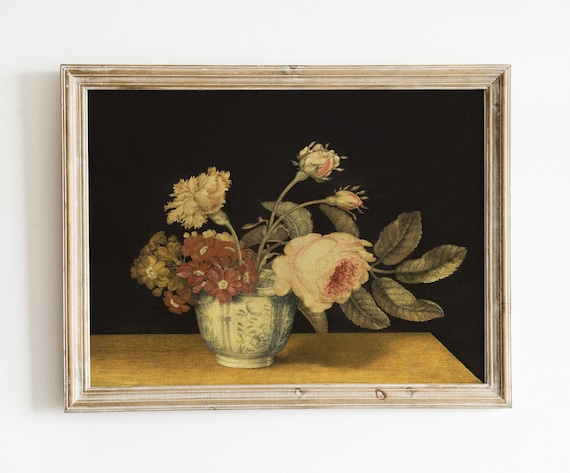 Vintage Floral Still Life Art Print, Muted Neutrals