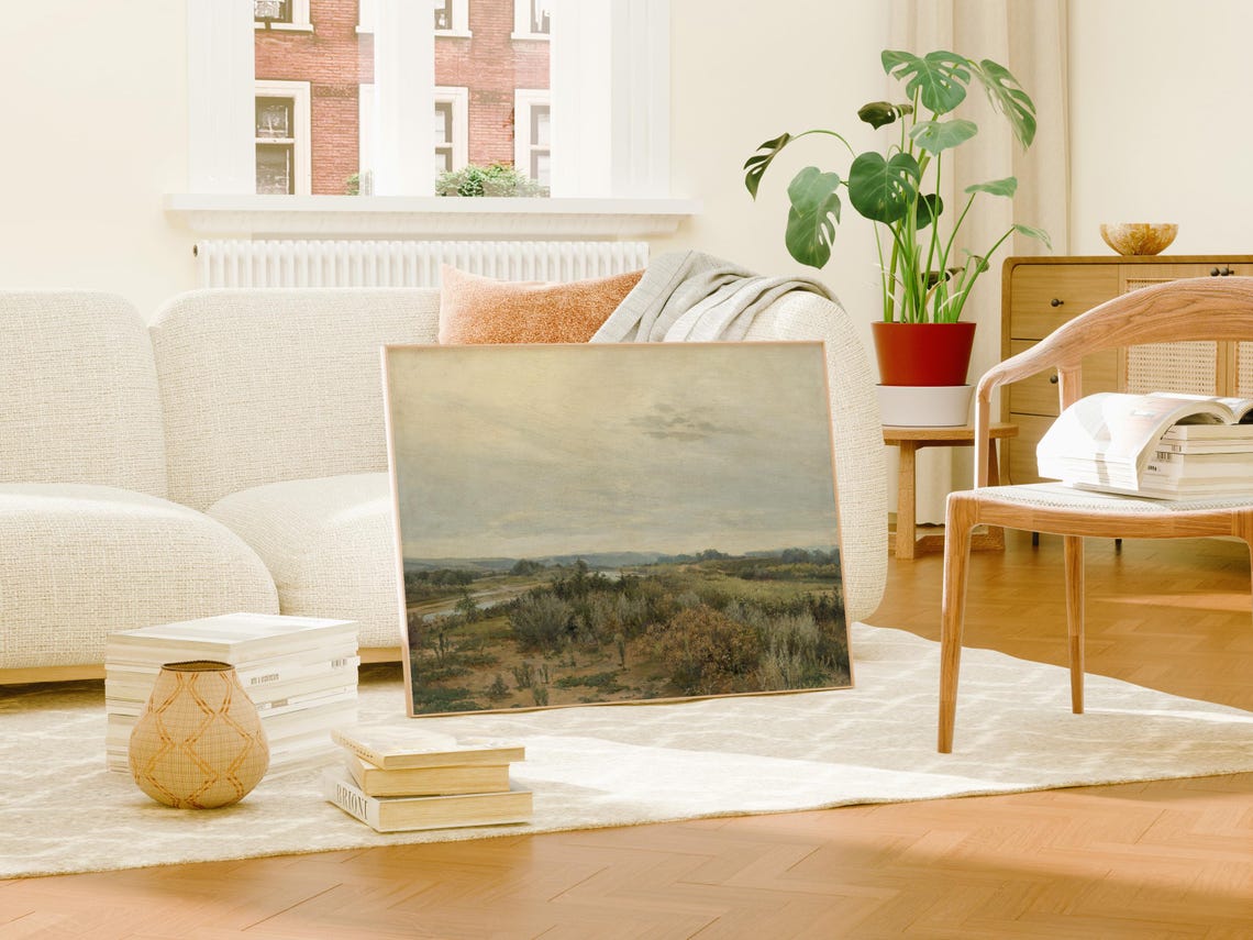Muted River Plain Vintage Neutral Landscape Oil Painting Poster - Image 2