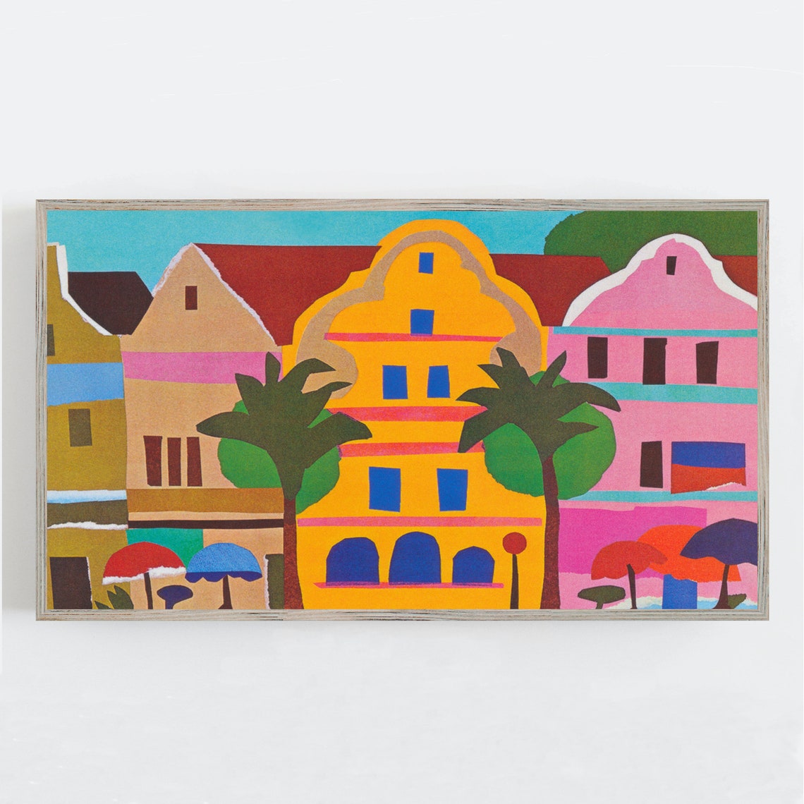 Curacao Colorful Colonial Buildings Palm Trees Retro Style Print - Image 2