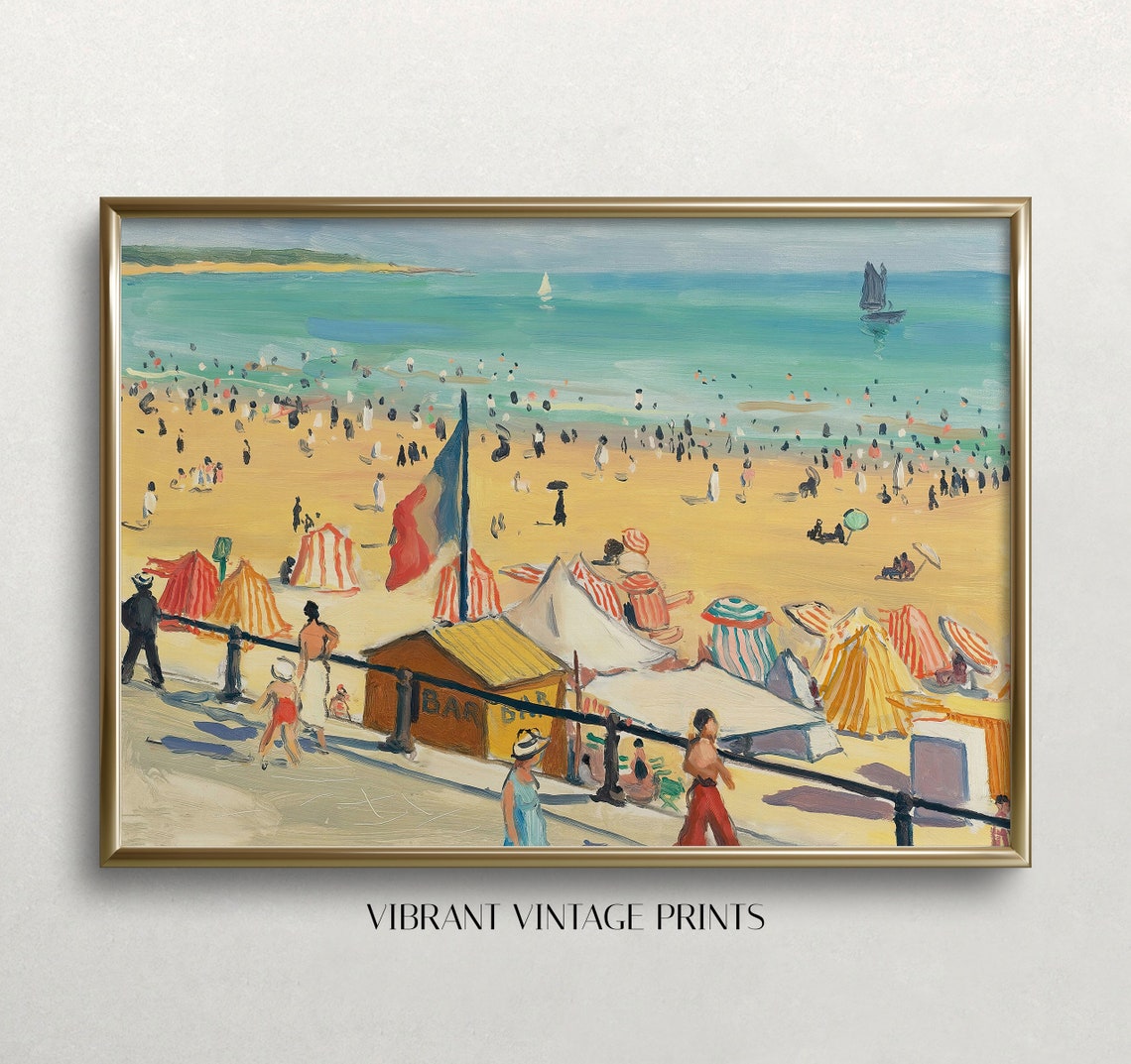 Vintage France Beach Day Crowded Shore Striped Cabanas Painting Poster