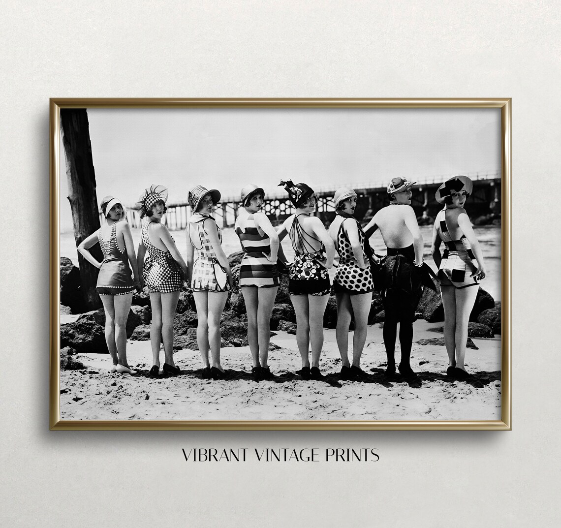 Bathing Beauties On 1920s Beach Swimsuit Vintage Photograph Wall Art