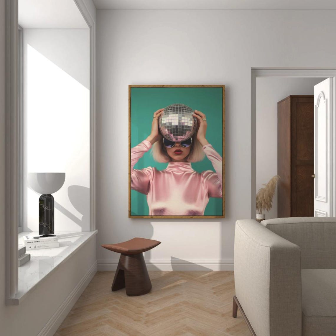 Woman Holding Disco Ball Retro Party Pop Teal Pink Glamour Poster - Image 2