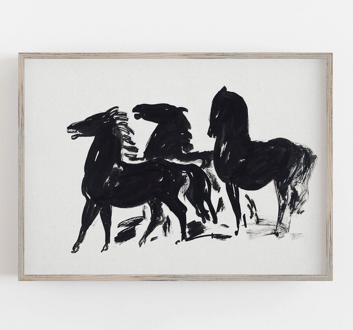 Three Black Horses Vintage Sketch Minimalist Ink Drawing Wall Art