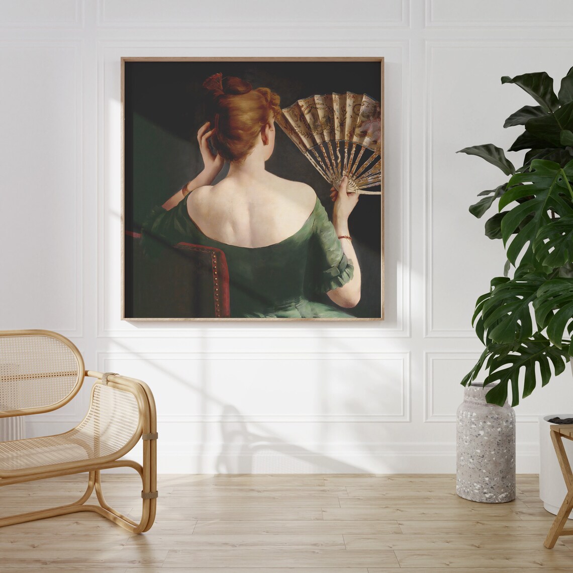 Woman With Fan From Behind Green Dress Antique Portrait Oil Wall Poster