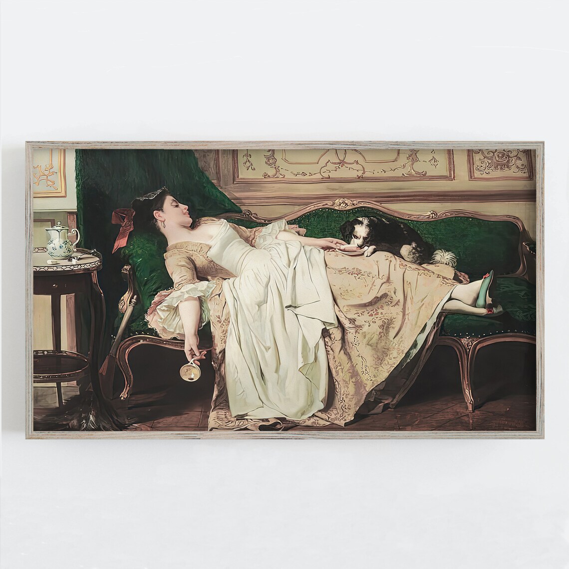 Woman and Dog Vintage Tea Time Wall Art Print