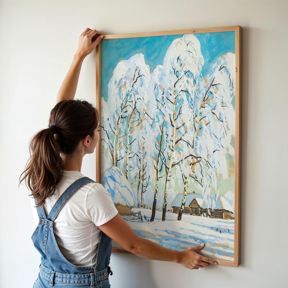 Snow Laden Birch Trees Blue Sky Winter Woodland Oil Painting Poster