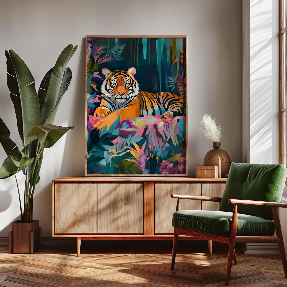 Colorful Tiger Resting In Lush Jungle Foliage Wild Animal Art Print - Image 5