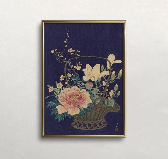 Flowers Wall Art Vintage Wall Art Dark Moody Colors Flower Basket Art Japanese Art Wall Art 363