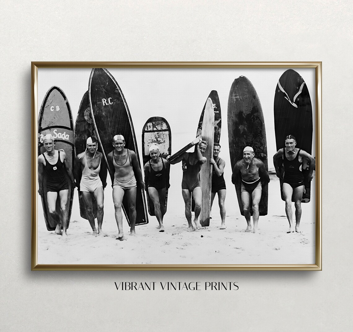 Men Surfers Longboards Vintage Black White Surf Club Team Photo Print