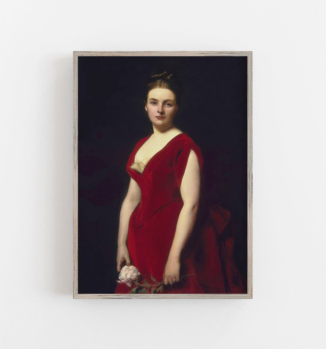 Woman Red Velvet Dress Rose Portrait Victorian Style Vintage Wall Art - Image 2
