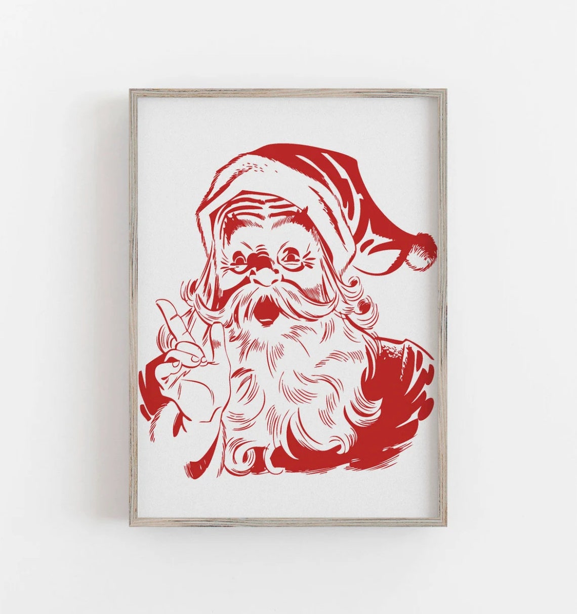 Winking Retro Santa Face Red On White Christmas Illustration Print