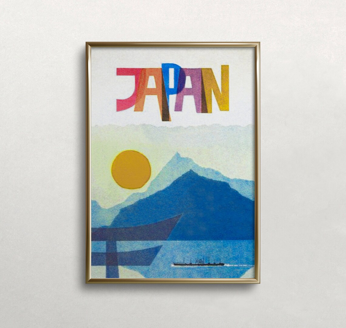 Japan Rising Sun Over Blue Mountains Retro Travel Poster Vintage Art