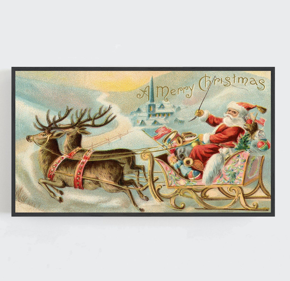 A Merry Christmas Vintage Santa Sleigh Reindeer Holiday Wall Art