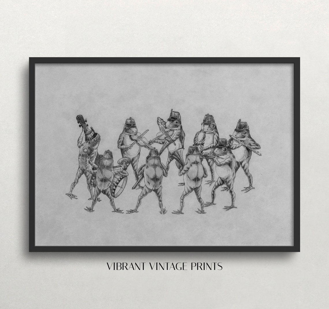 Frog Band Playing Instruments Whimsical Sketch Funny Animal Art Print