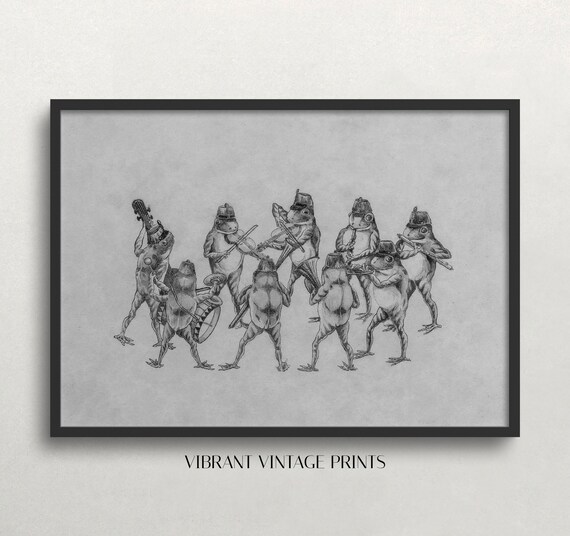 Frog Band Playing Instruments Whimsical Sketch Funny Animal Art Print