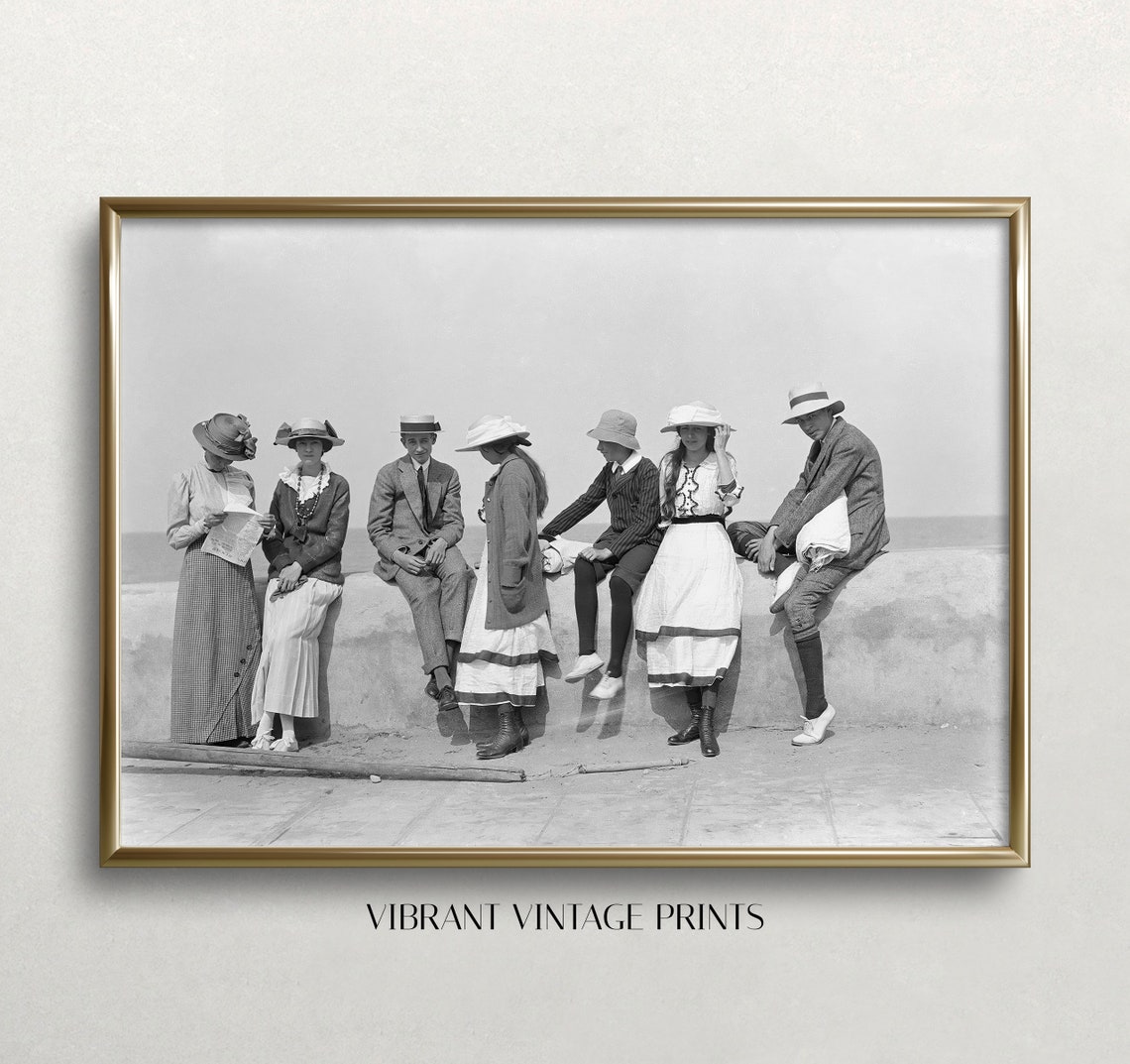 Vintage Group of Young People at Seawall Black and White Photo Poster