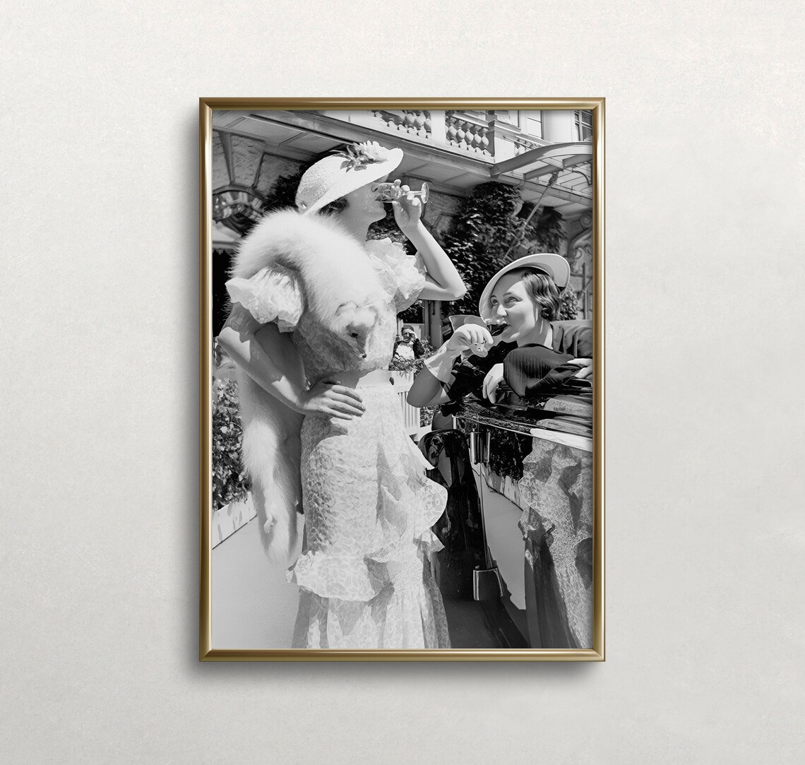 Women Drinking Wine Black And White Vintage Art Print