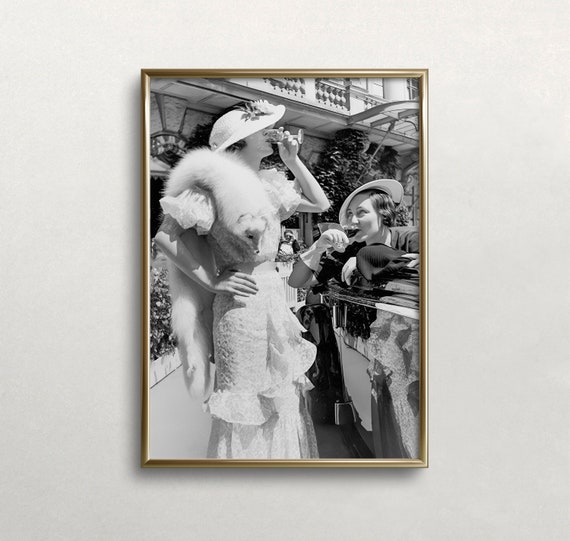 Women Drinking Wine Black And White Vintage Art Print