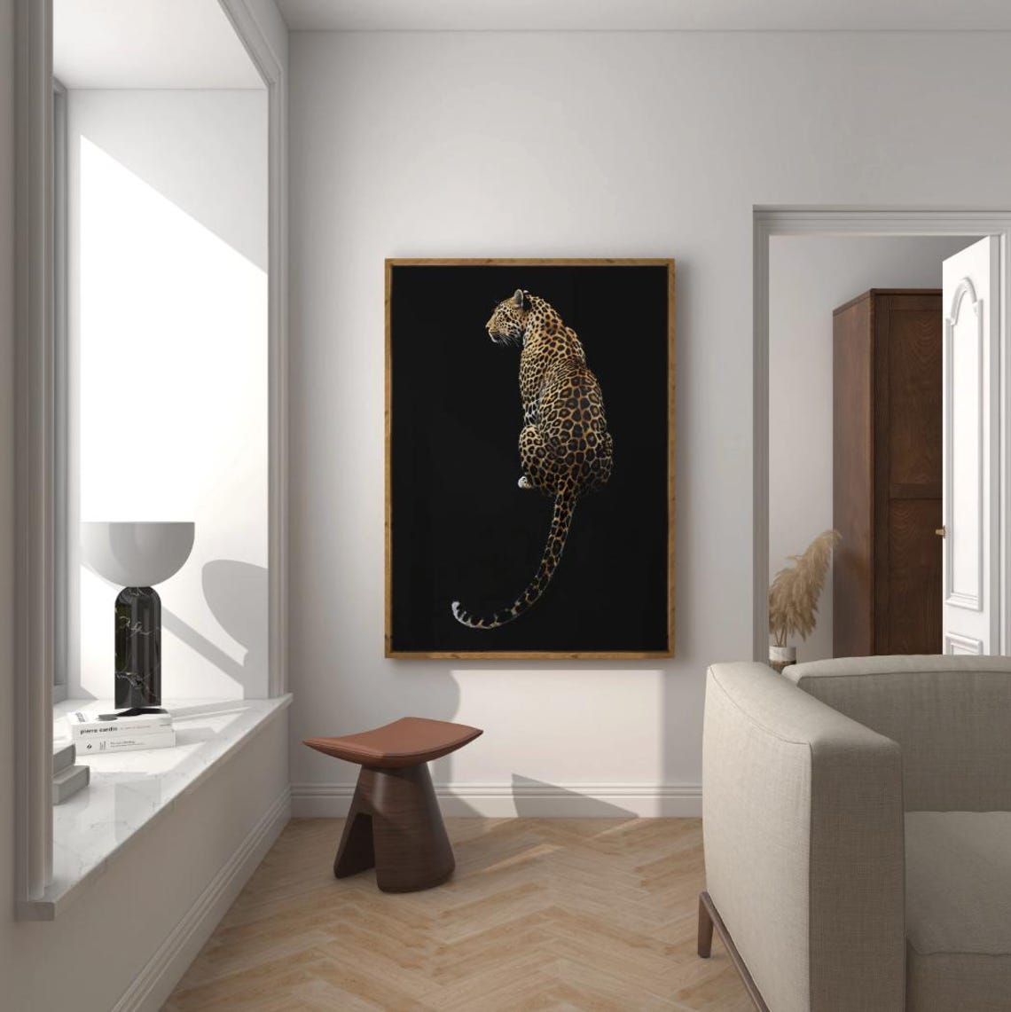 Leopard Sitting Against Black Background Dramatic Big Cat Photo Poster - Image 5