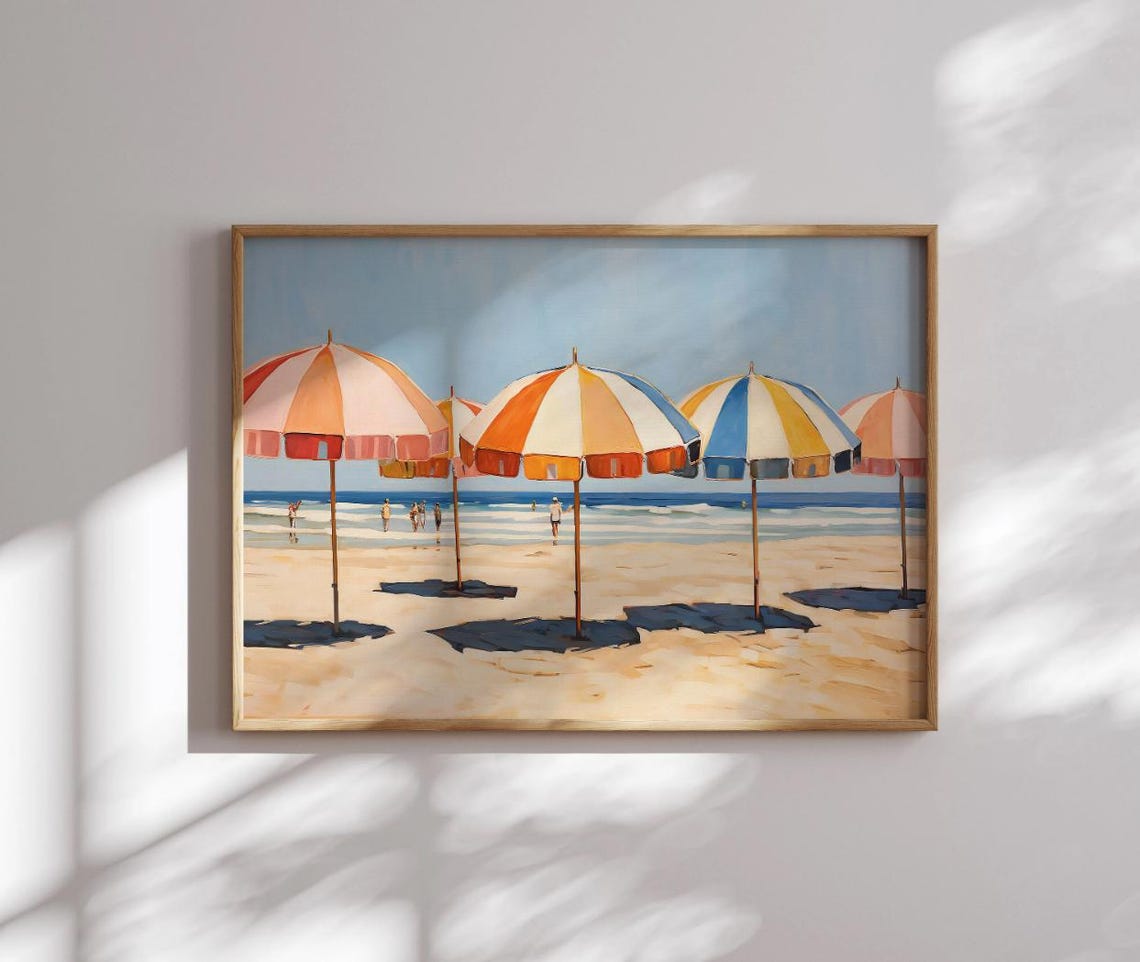 Striped Beach Umbrellas Retro Seaside Summer Painting Poster - Image 3